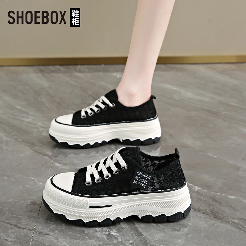 SHOEBOX鞋柜爆款帆布鞋女款2025夏新款厚底小白鞋单网休闲板鞋
