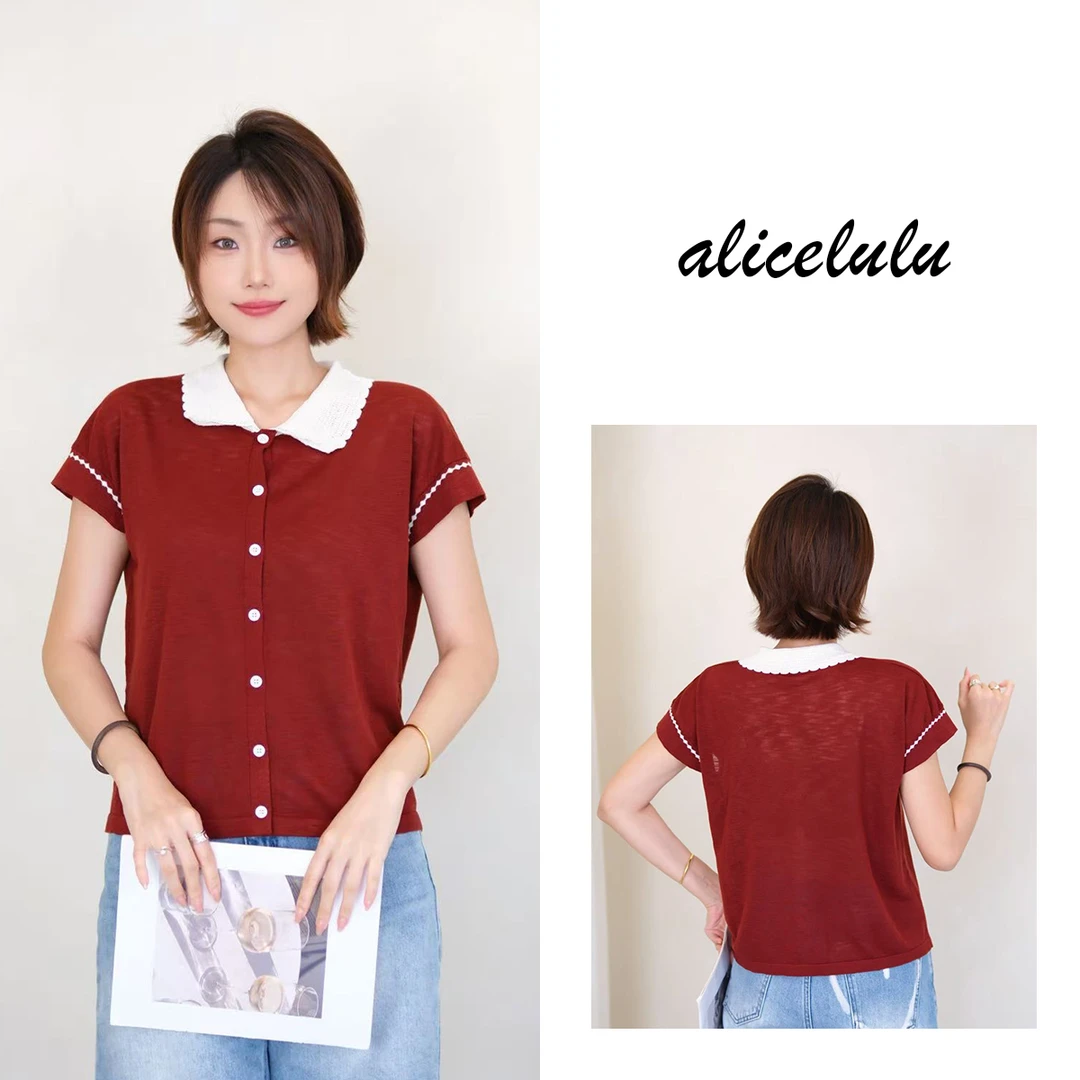 [alicelulu]时髦减龄薄款花边翻领莱赛尔针织开衫S1035211T