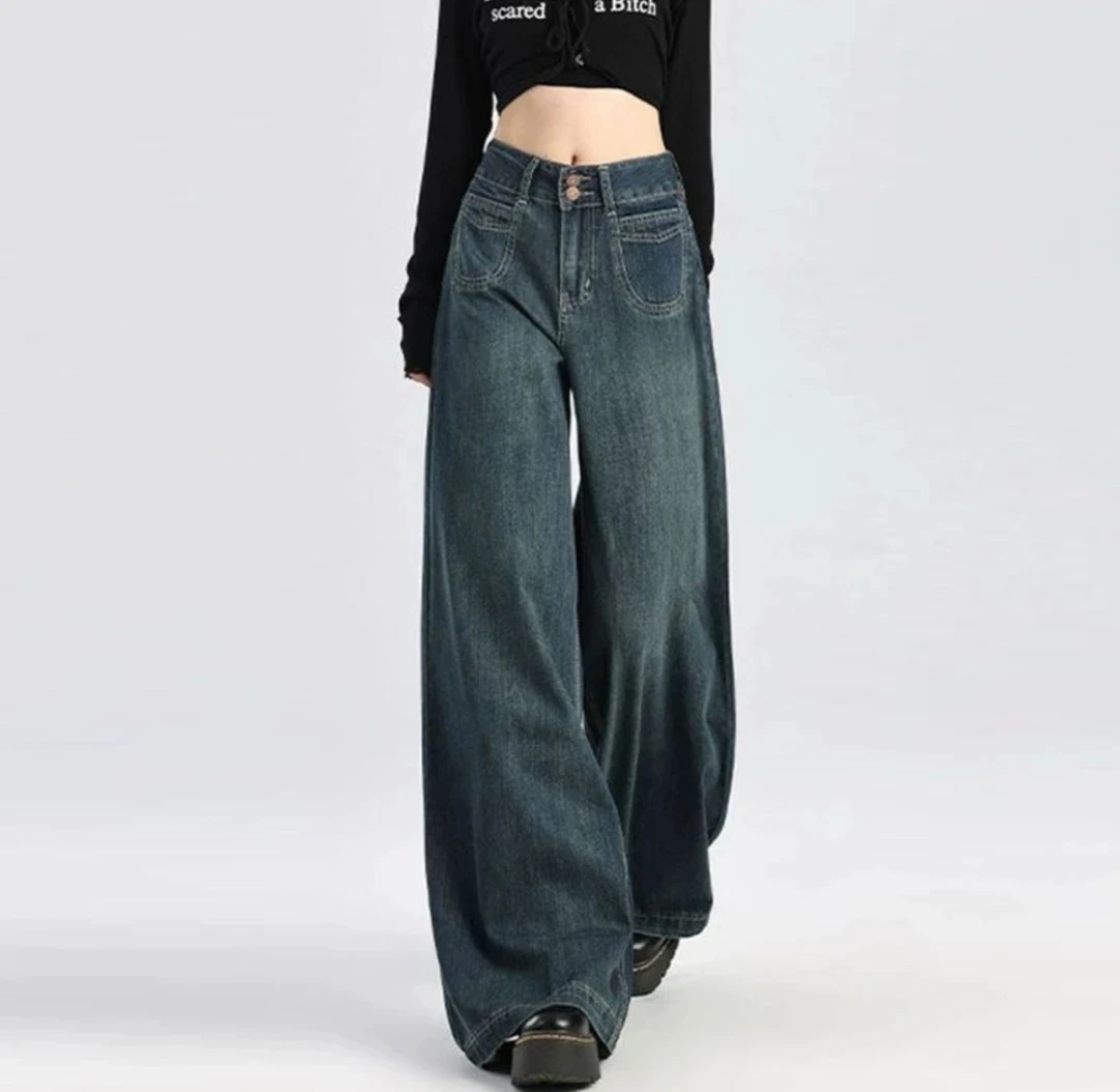 复古阔腿牛仔裤春秋款女胖妹妹遮胯显瘦裤子梨形身材慵懒感拖地裤
