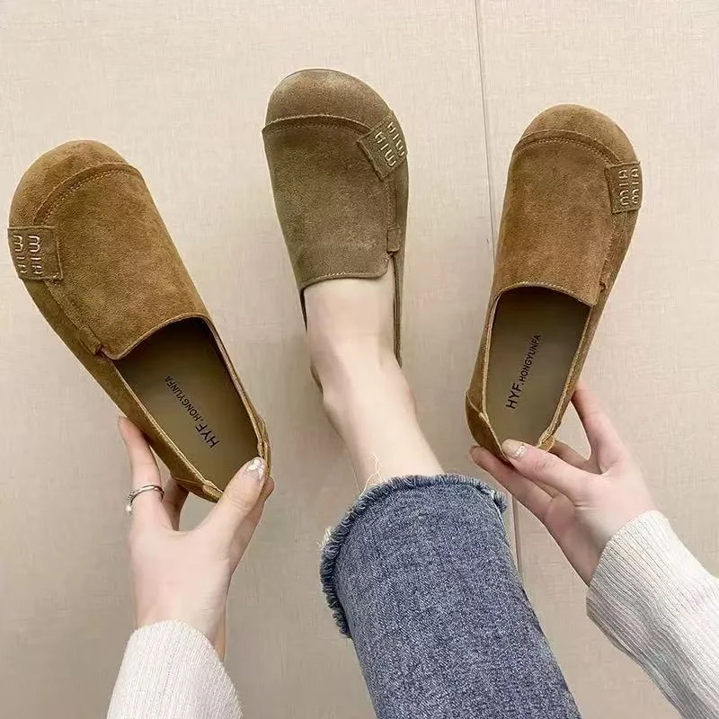 复古圆头单鞋2025新款磨砂防滑豆豆鞋休闲软底女一脚蹬平底鞋