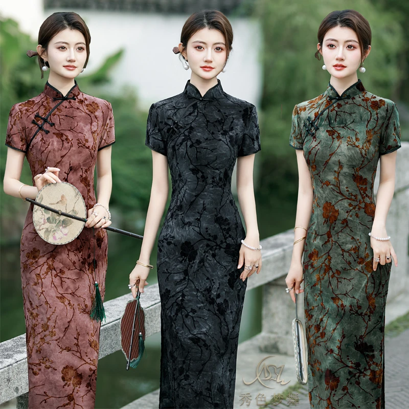 新款气质旗袍植绒扎染短袖中长裙大码日常走秀新中式连衣裙演出服
