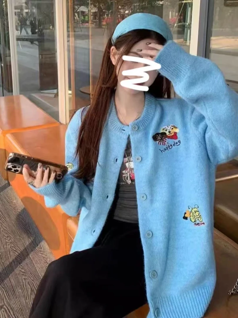 韩系设计感小众刺绣字母针织开衫秋冬新款宽松显瘦圆领毛衣女外套