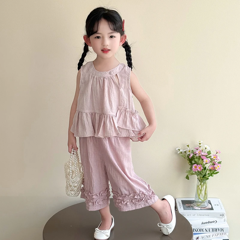 女童花边背心套装夏季2025新款洋气女孩韩版夏装中小童薄款阔腿裤
