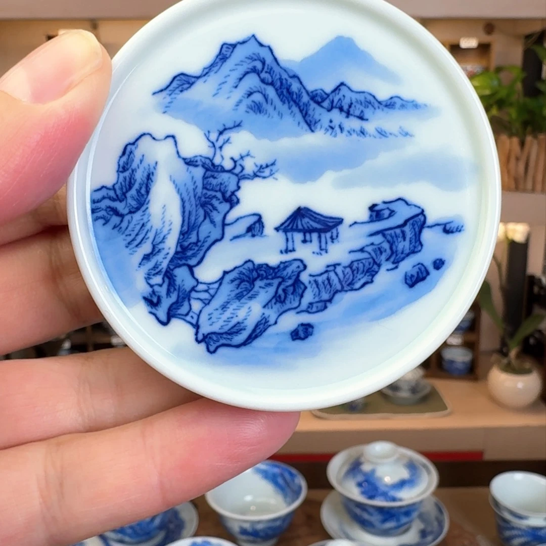 德物小雅手绘青花瓷山水杯托