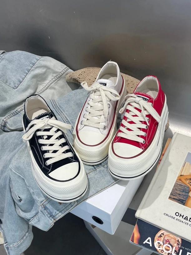 厚底增高5CM帆布鞋女鞋休闲小白鞋红色百搭透气松糕板鞋休闲鞋