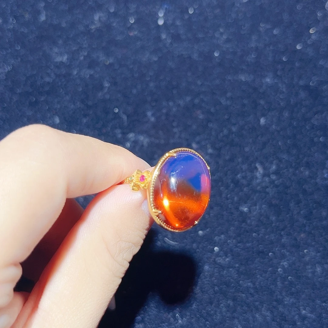 蓝珀银S925镀金镶嵌珠宝奇石红蓝蛋面戒指