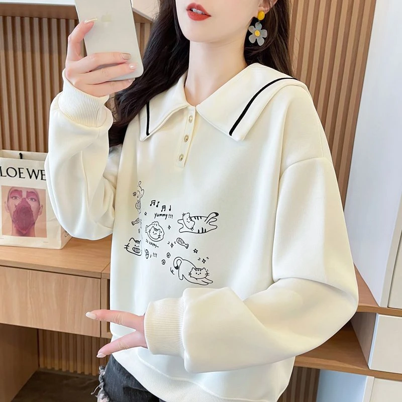 海军领薄款卫衣女春秋新款韩版宽松学院风减龄印花百搭显瘦上衣潮