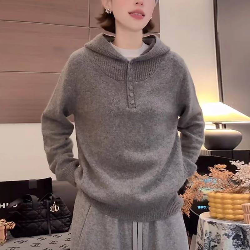 2025秋冬慵懒套头连帽毛衣软糯糯穿搭显瘦洋气内搭打底针织帽衫女