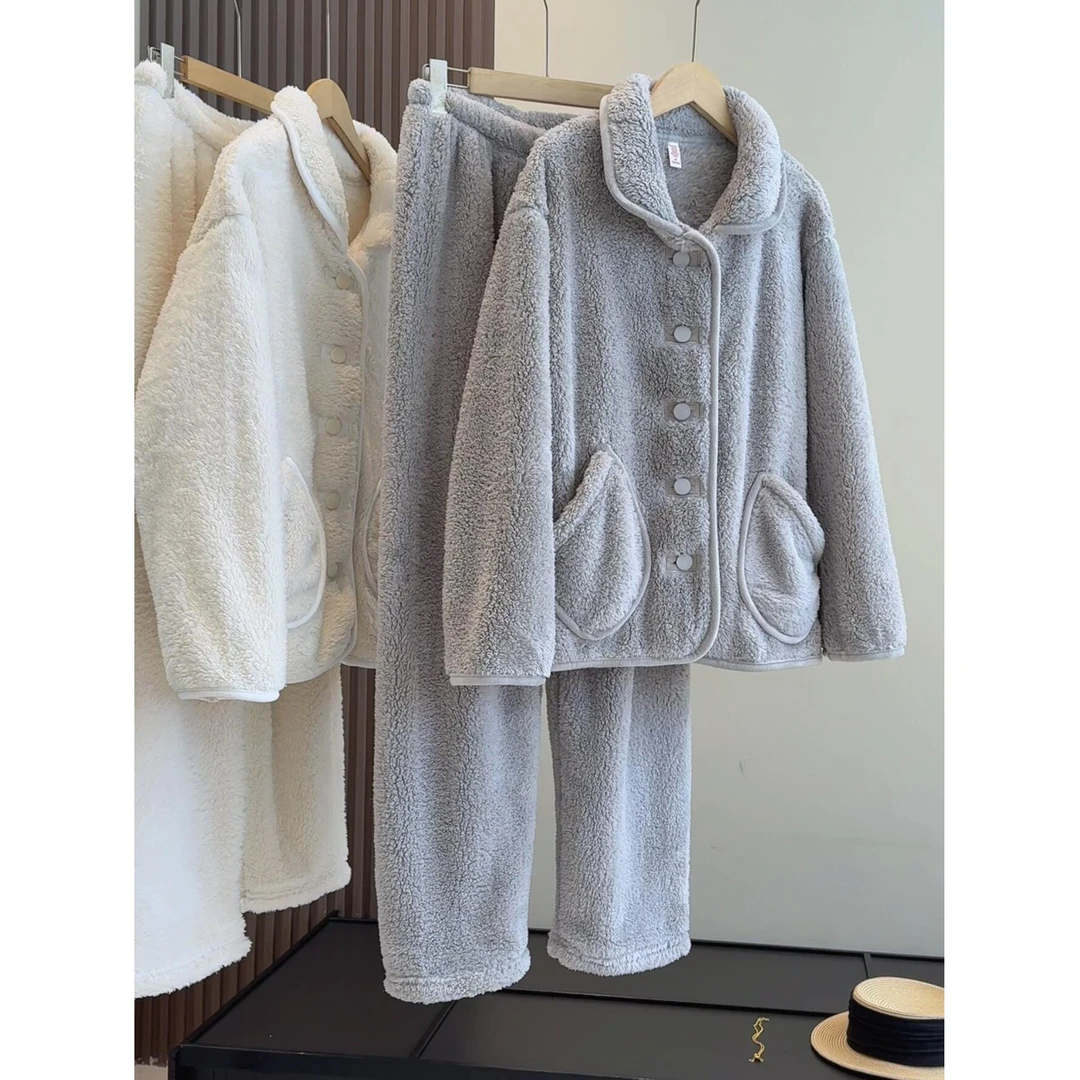 珊瑚绒翻领纯色睡衣女士秋冬季绒纯色套装可外穿家居服