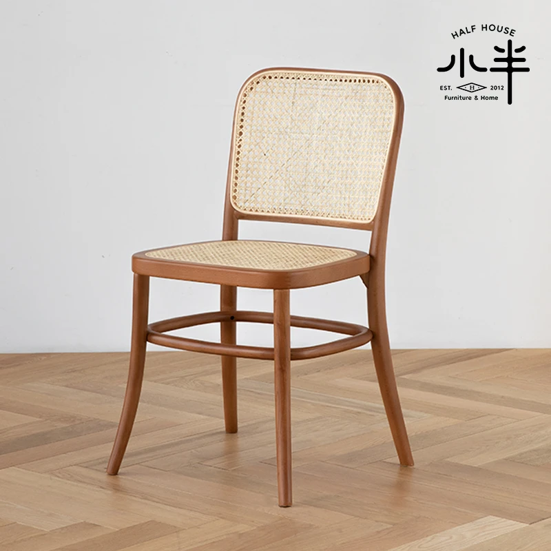小半家具 811号椅复古全实木家用中古北欧藤编靠背餐椅原木书桌椅