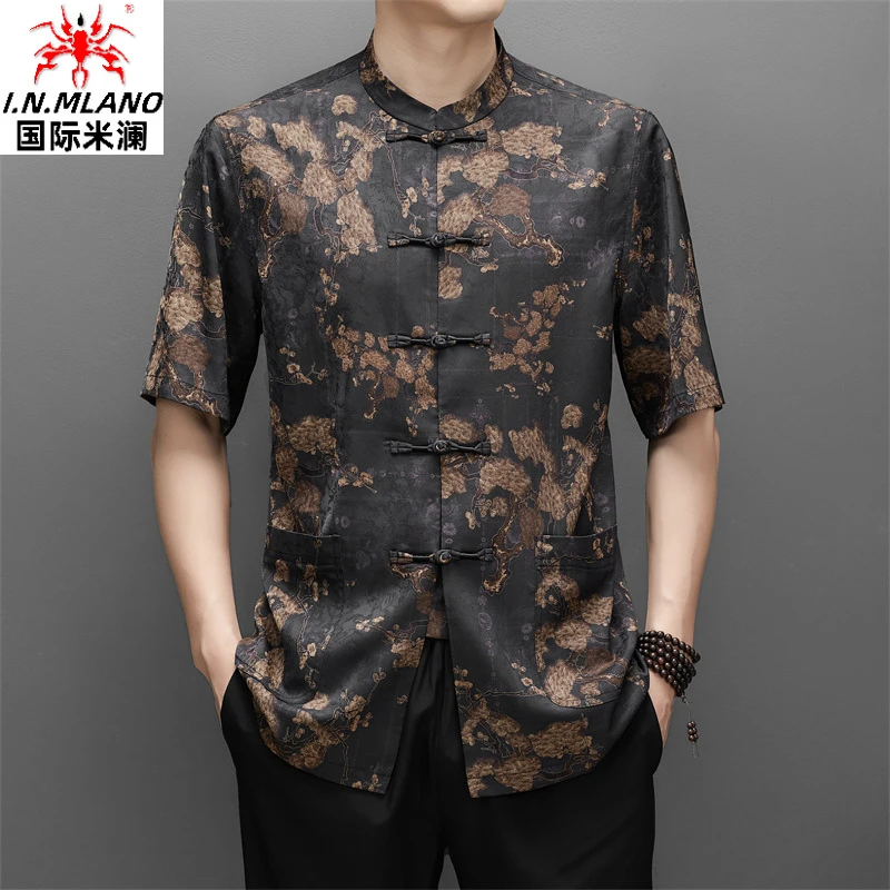 桑蚕丝唐装男中老年夏季短袖薄款爸爸装中国风真丝中式立领复古男