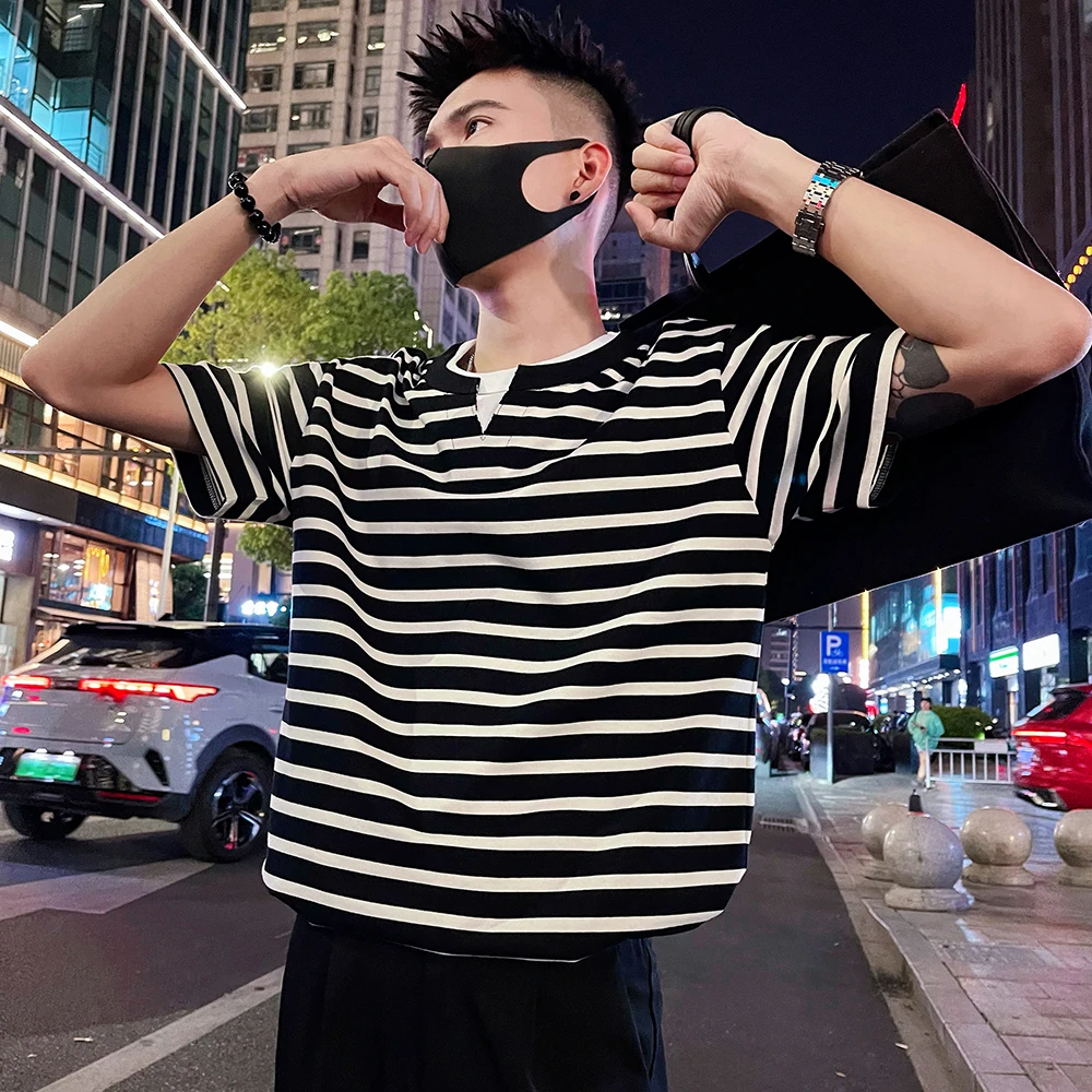 假两件男士短袖T恤夏季2025新款潮牌圆领休闲上衣半袖时尚条纹男t