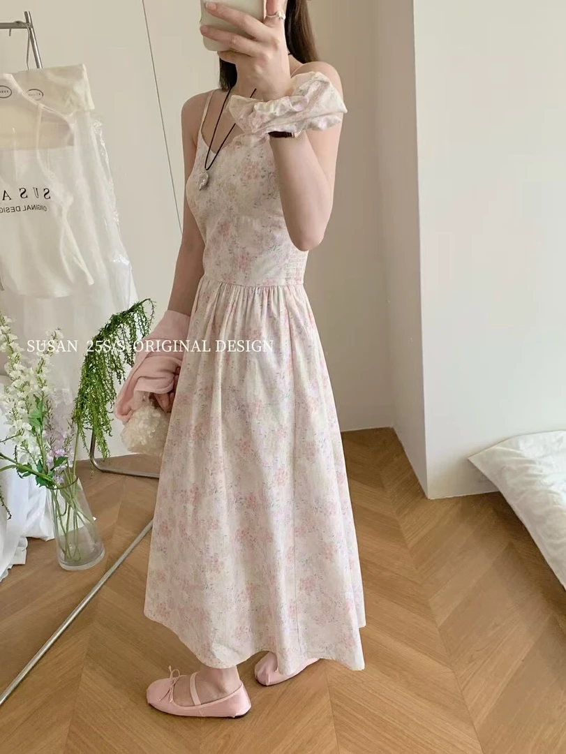 夏日限定韩系田园气质碎花吊带连衣裙配发圈H7176