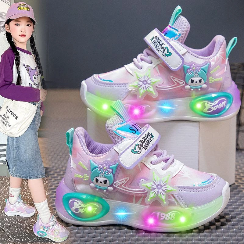 库洛米女童运动鞋2025春季新款软底儿童鞋中大童灯鞋女宝宝鞋子潮