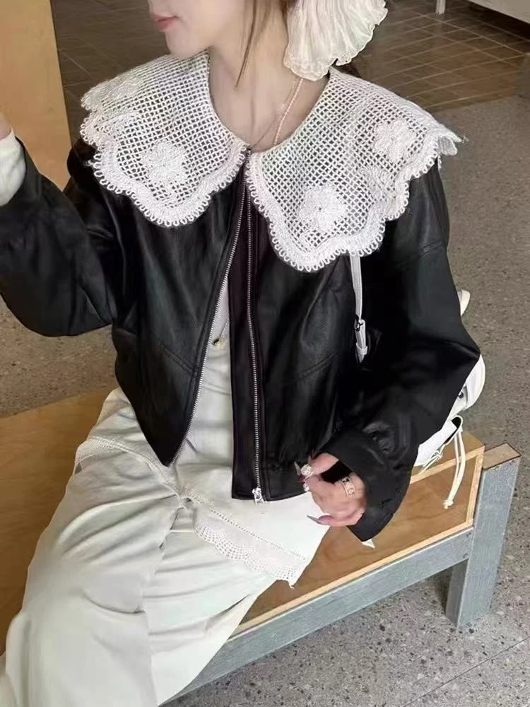 蕾丝拼接娃娃领短款PU皮外套女减龄洋气百搭夹克2025春季新皮衣潮