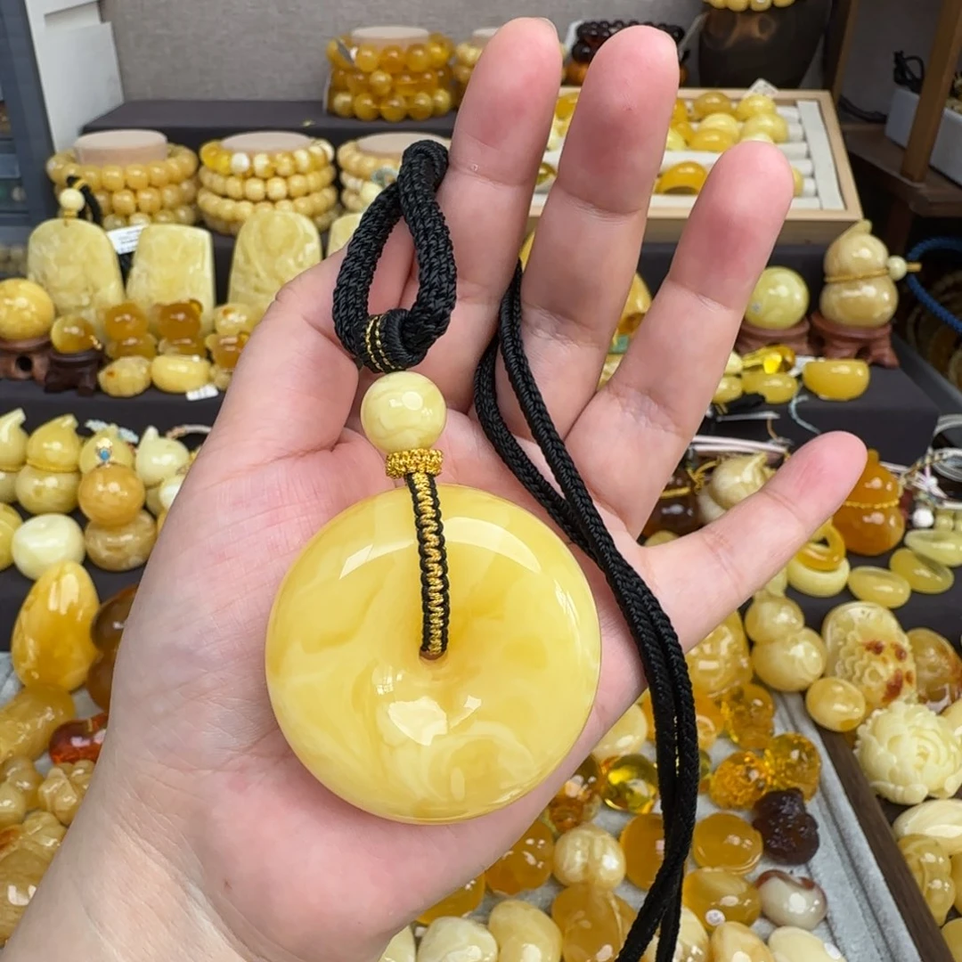 未镶嵌套链琥珀天然俄料鸡油黄妖花蜜蜡平安扣