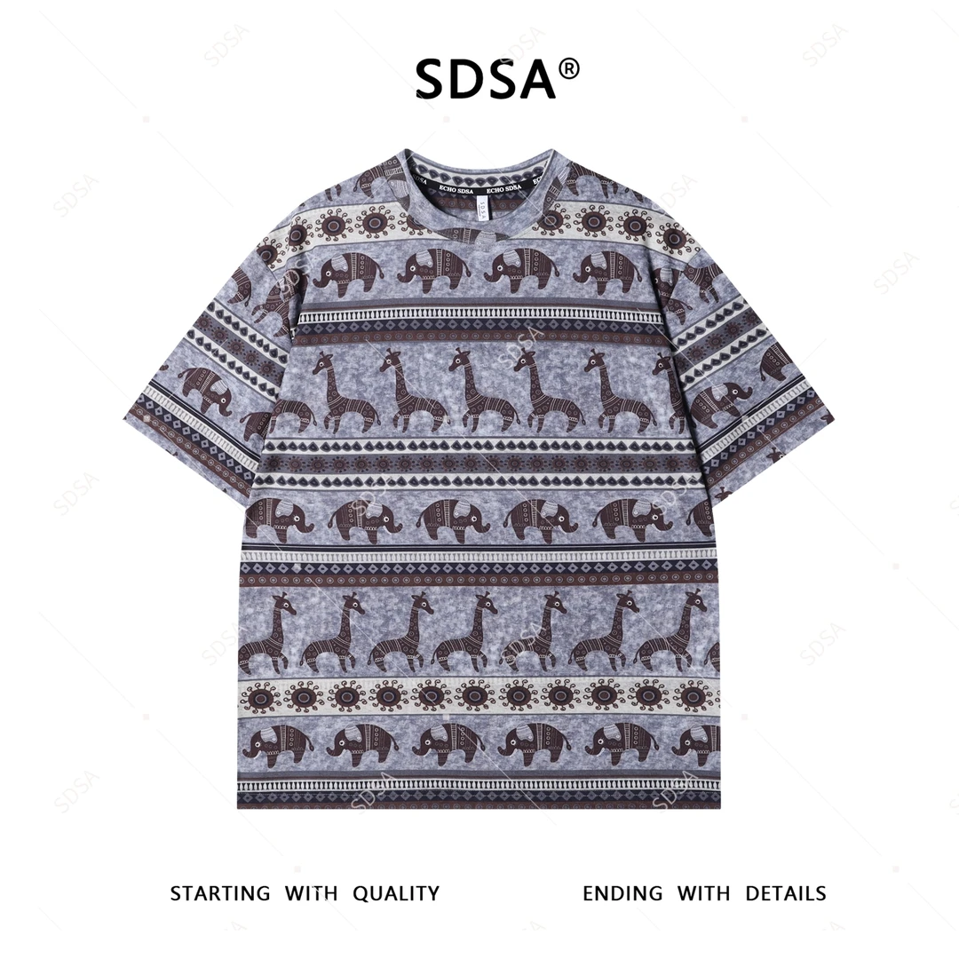 SDSA夏季新款男士痞帅潮牌动物图案设计圆领短袖T恤时尚百搭上衣