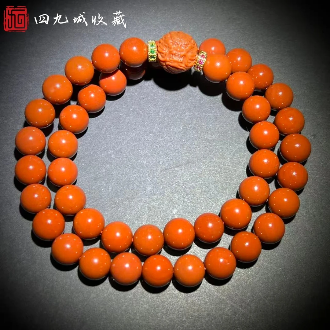 四九城收藏南红玛瑙9左右牛血红圆珠多圈手串完美归圆男女同款