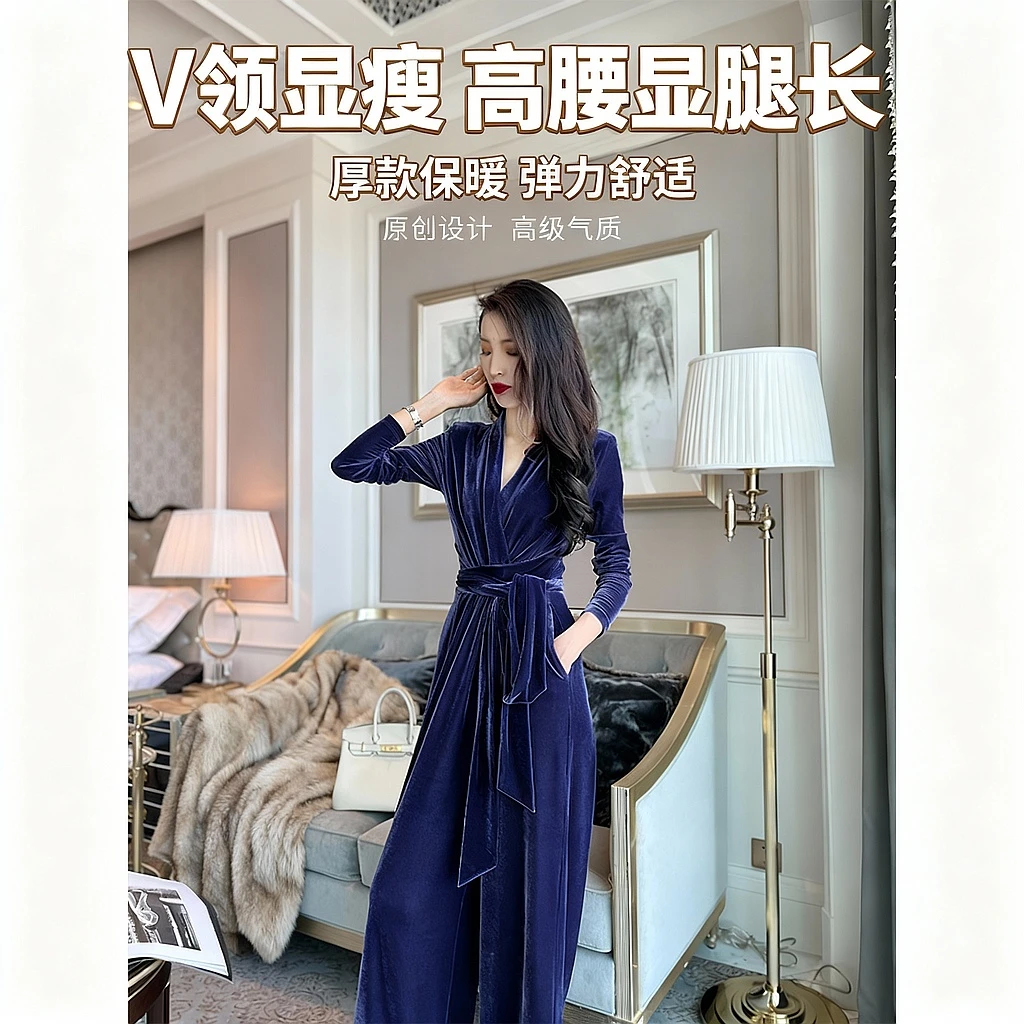 尤克菲儿 2023年秋季原创设计感显瘦高级气质V领系带丝绒连体裤