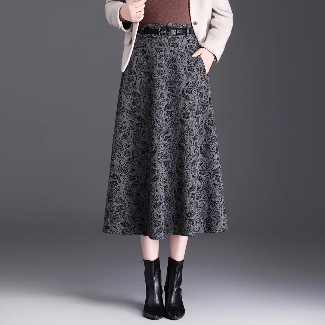 毛呢碎花半身裙复古气质妈妈A字女裙子2025春秋新款显瘦百褶伞裙