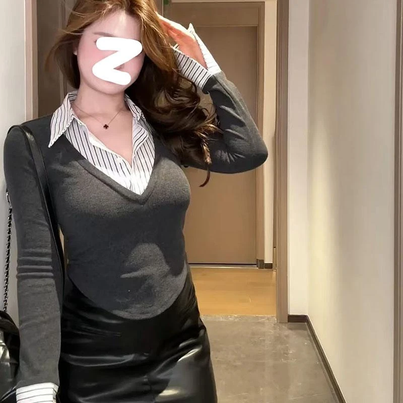 【8363】大码女装胖mm假两件条纹拼接长袖T恤春季小众独特别致上衣
