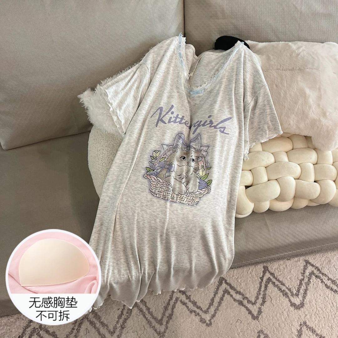 睡裙女夏季小众设计感短袖睡衣大码凉感带胸垫薄款猫咪夏天家居服
