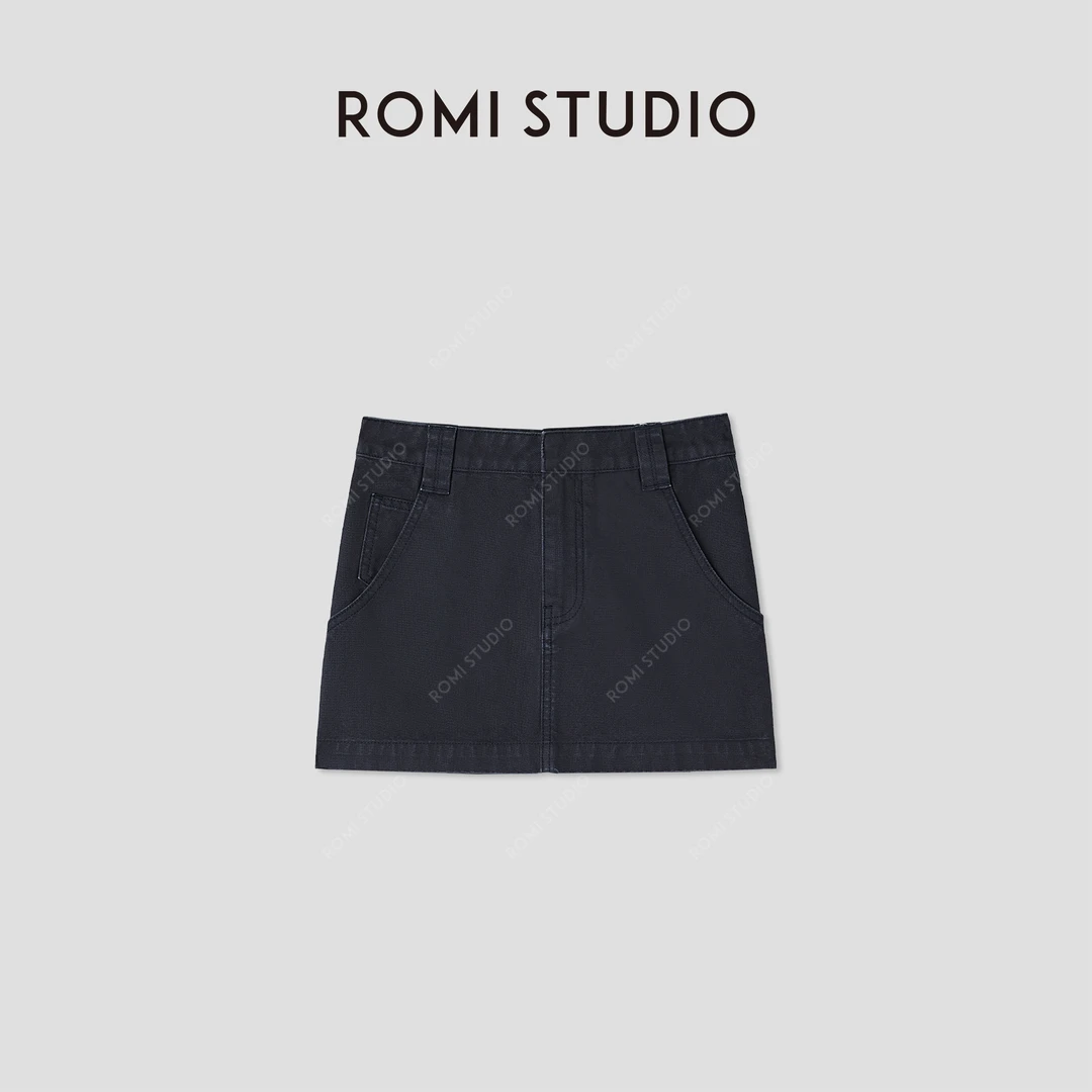 ROMI STUDIO“美式复古”蓝色纯棉重工洗水直筒半身短裙 RWCSXD2993