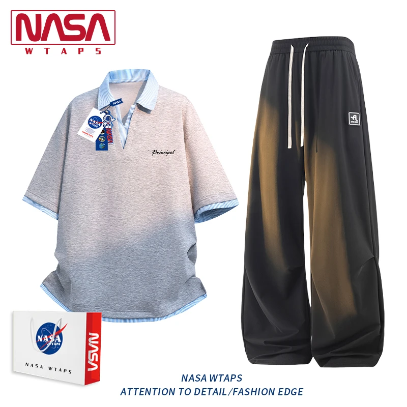 NASA WTAPS学院风polo衫短袖男款夏季潮牌假两件条纹休闲运动套装