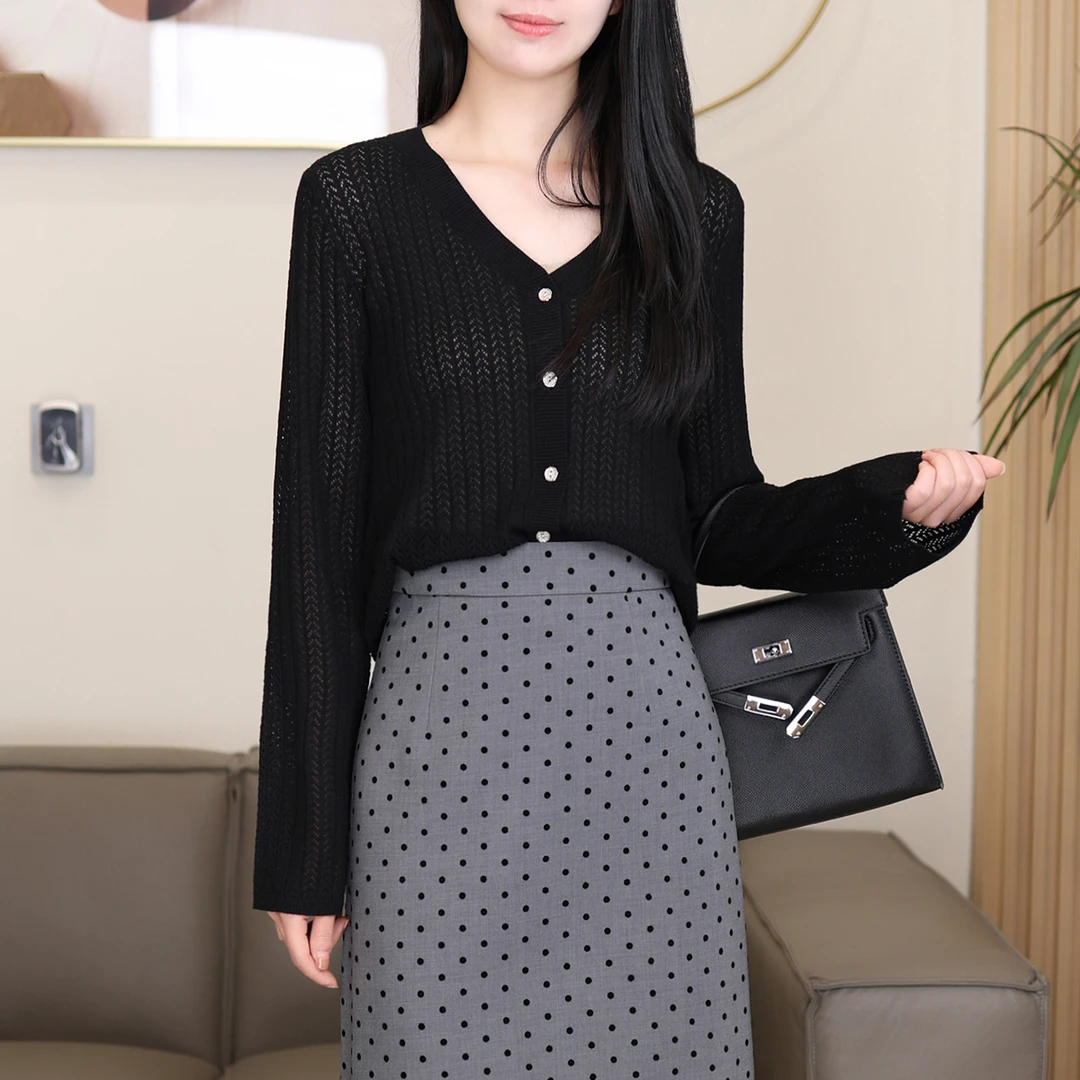 【清】莱赛尔羊毛镂空天丝开衫女V领短款针织衫钩花肌理外套25006