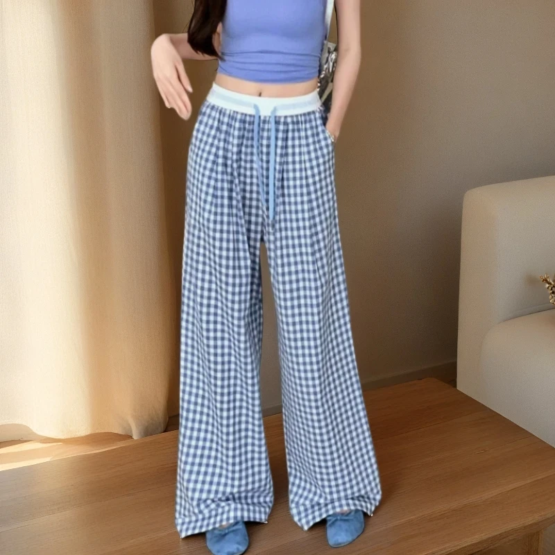 多巴胺撞色拼接格子裤夏季新款阔腿裤子女宽松显瘦慵懒风休闲裤子