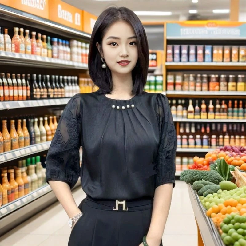 2025夏季新款时尚百搭提花小衫五粒珠子小衫气质显瘦五分袖上衣