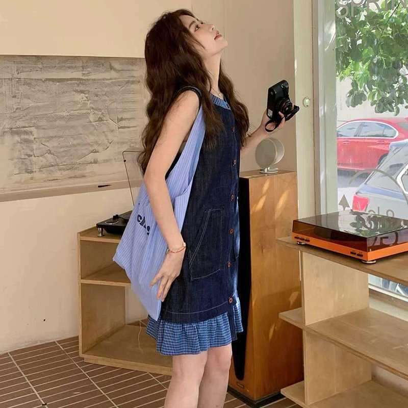 1miu系无袖牛仔连衣裙女2025夏季新款小个子超好看复古a字显瘦裙