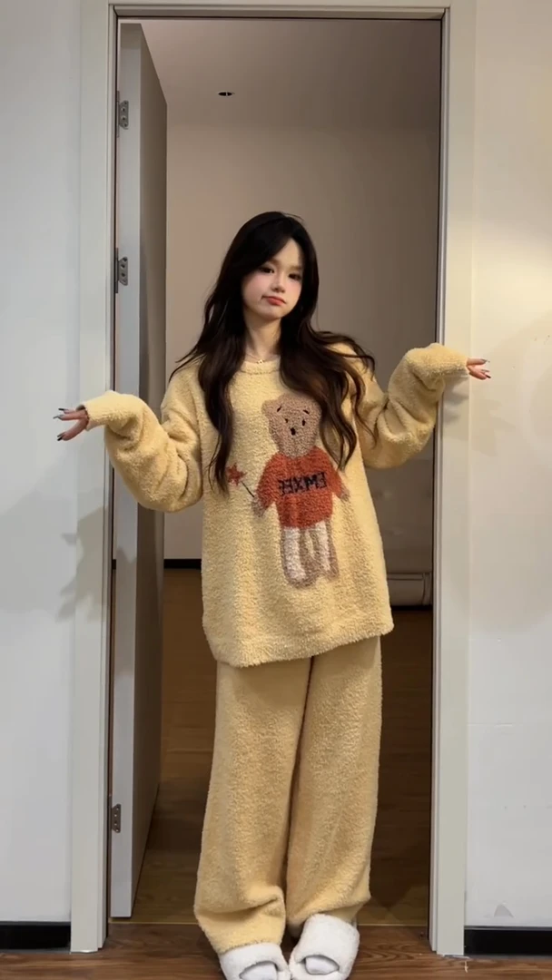 可爱卡通小熊毛衣针织半边绒长袖睡衣女款秋冬加厚保暖家居服套装