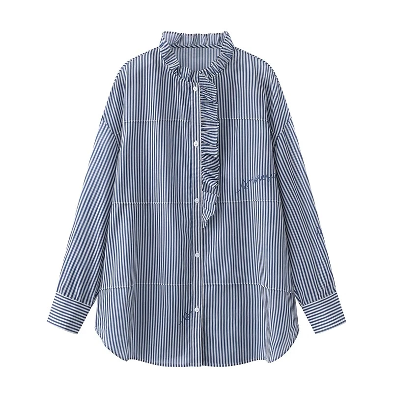 艾家同款夏季时尚百搭立领长袖条纹衬衫女显瘦宽松上衣50431089