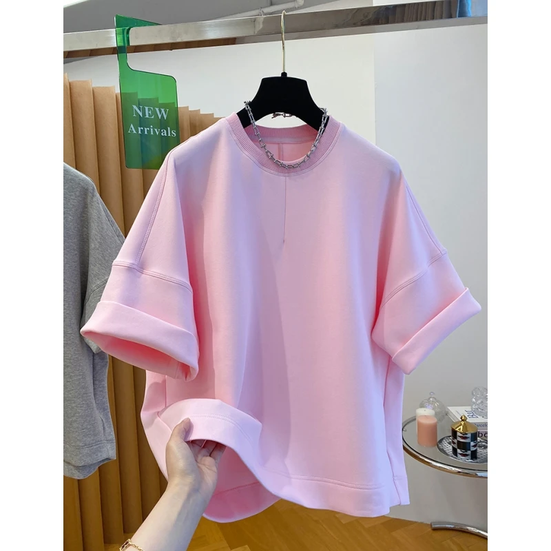 6299减龄太空棉粉色t恤女短袖新款超好看宽松洋气百搭圆领上衣夏