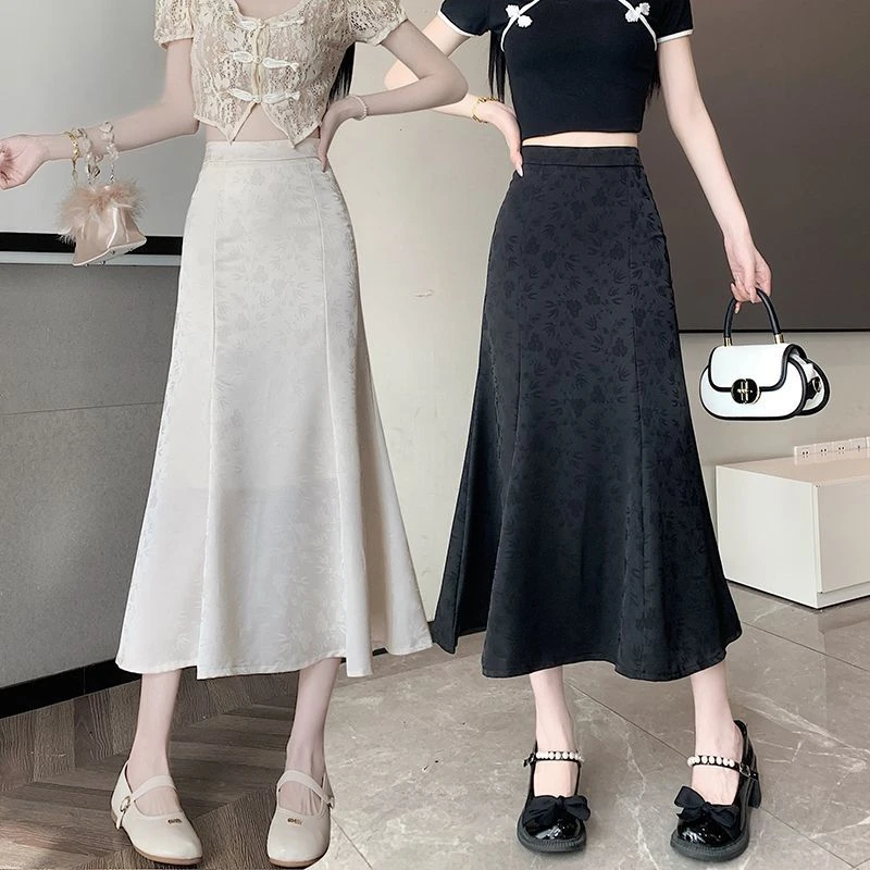 提花国风半身裙夏季2025新款高腰百搭a字裙中长款气质显瘦鱼尾裙