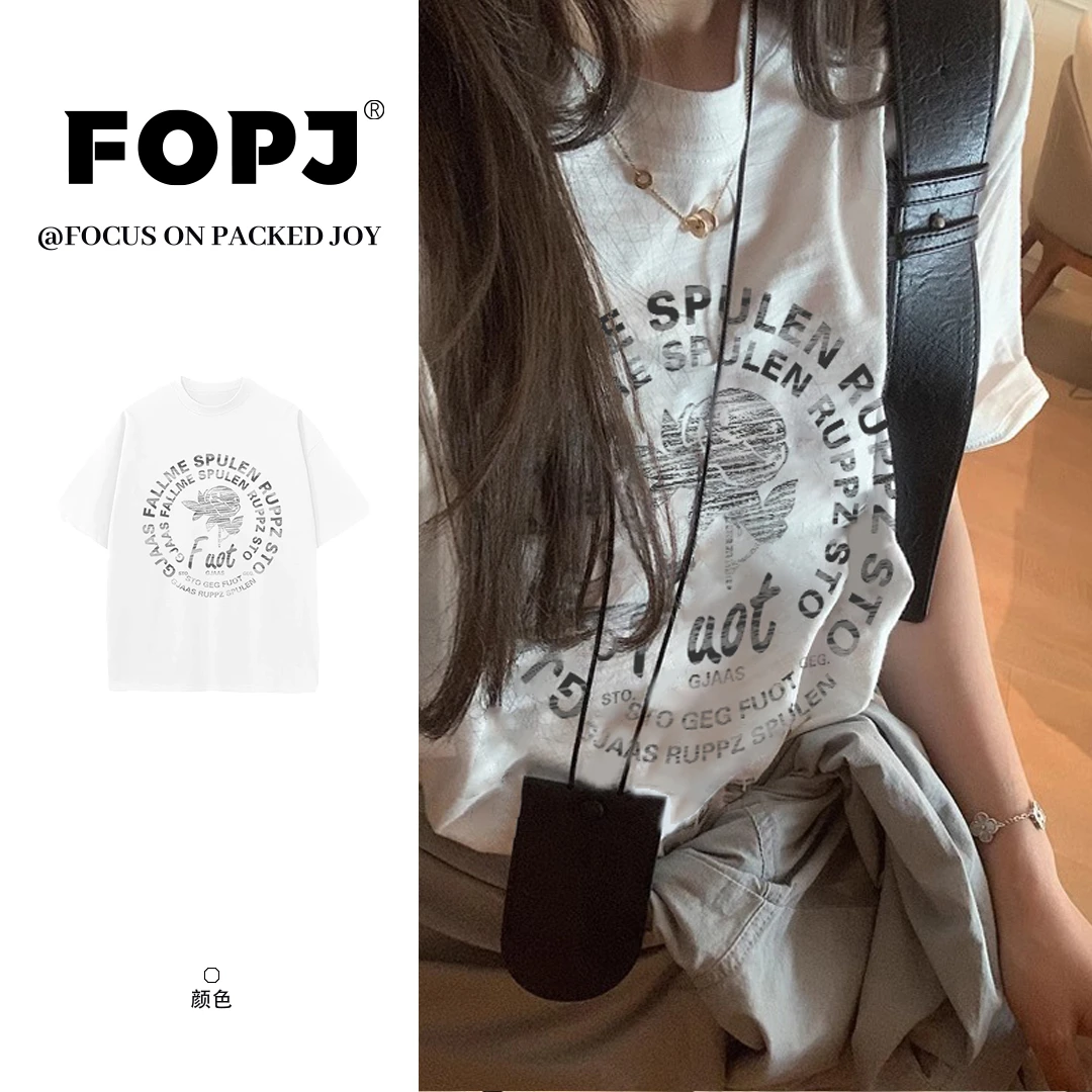 FOPJ美式复古玫瑰字母印花短袖t恤女夏季宽松百搭慵懒风圆领上衣