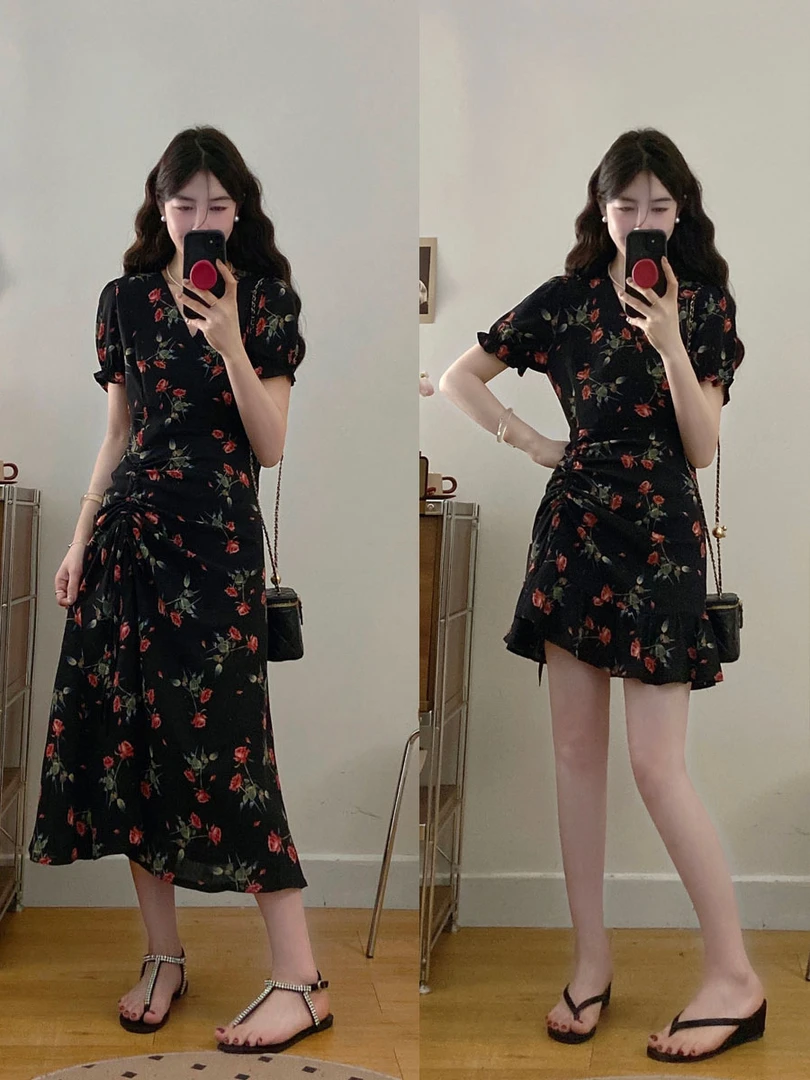 大码女装茶歇法式碎花鱼开叉显瘦连衣裙胖MM藏肉收腰长短款连衣裙