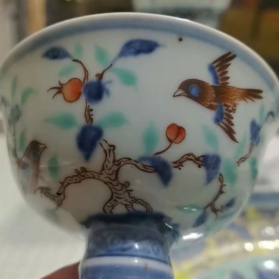 青花瓷五彩高足杯
