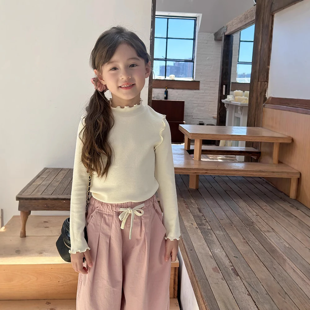 艾摩贝贝女童甜美叠穿内搭长袖T恤上衣儿童设计感木耳花边打底衫