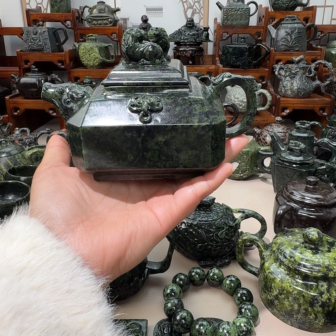 柯***哥蛇纹石玉未镶嵌藏玉药王石茶壶摆件