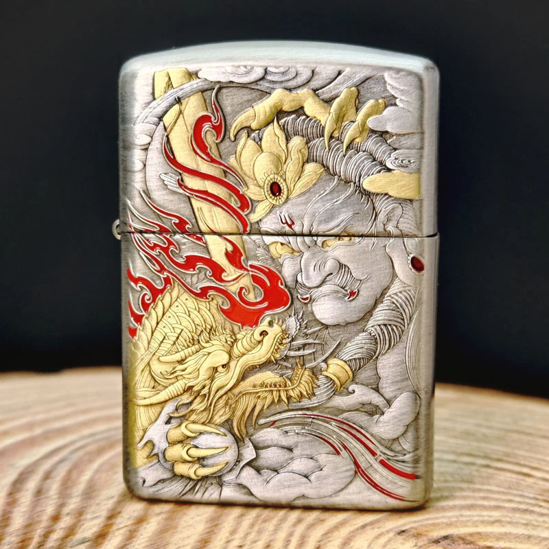 Zippo打火机正版盔甲熏银填漆不动明王-降魔剑心防风煤油男士DYJ1