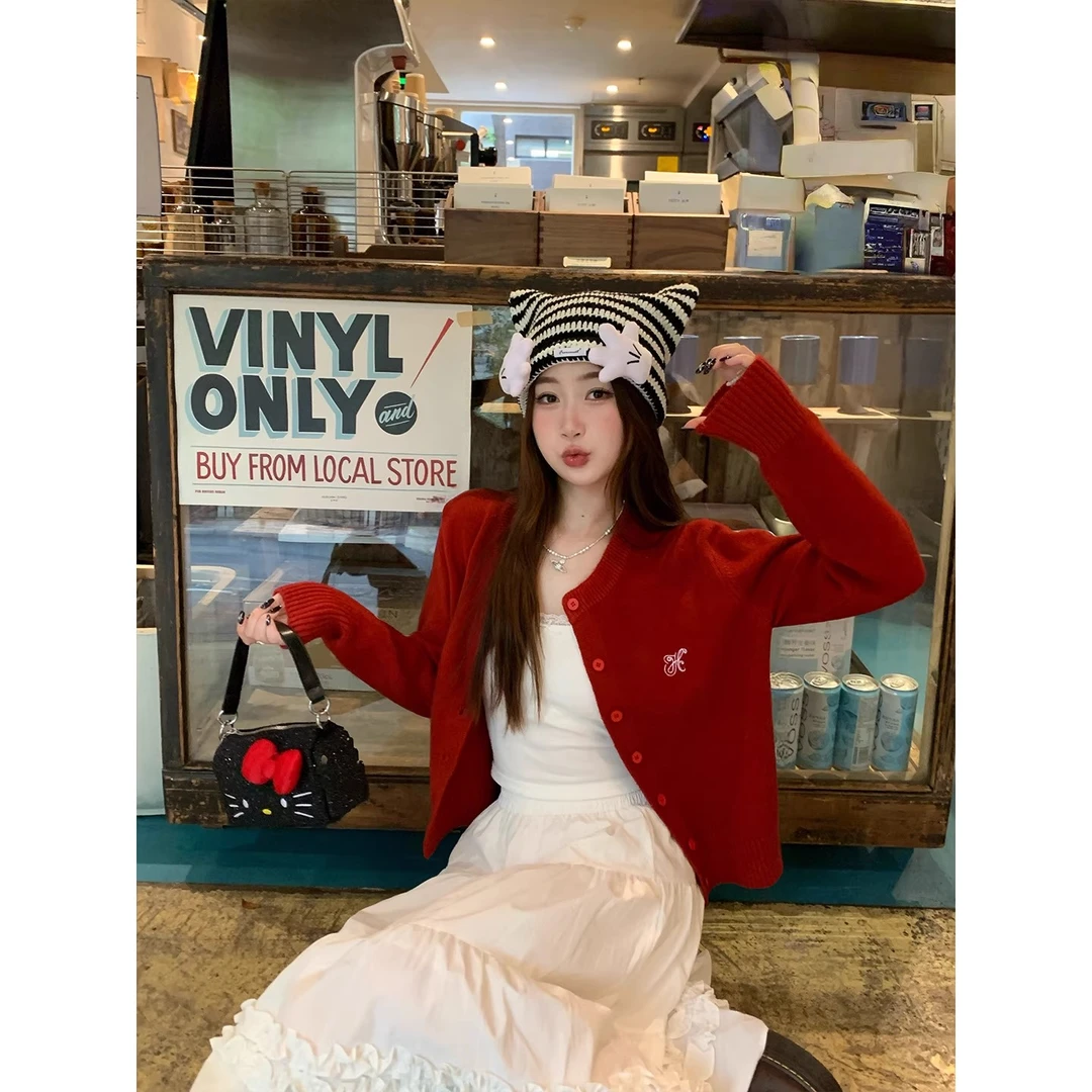 红色毛衣开衫外套女2025新款春秋外穿高级感针织衫洋气高贵上衣