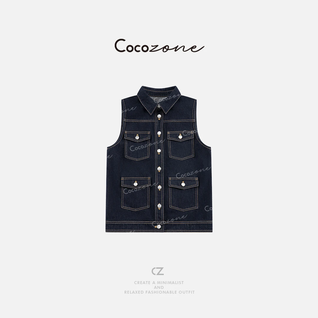 COCO ZONE 刘一一“琉森湖”100棉复古口袋设计感牛仔马甲CD1A0010