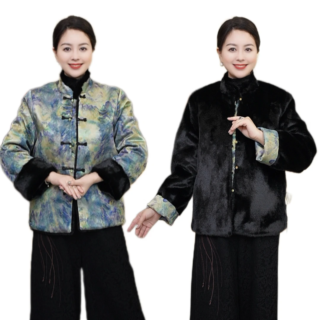 新中式短外套气质款大衣加绒保暖秋冬女士百搭休闲新款宽松宋锦