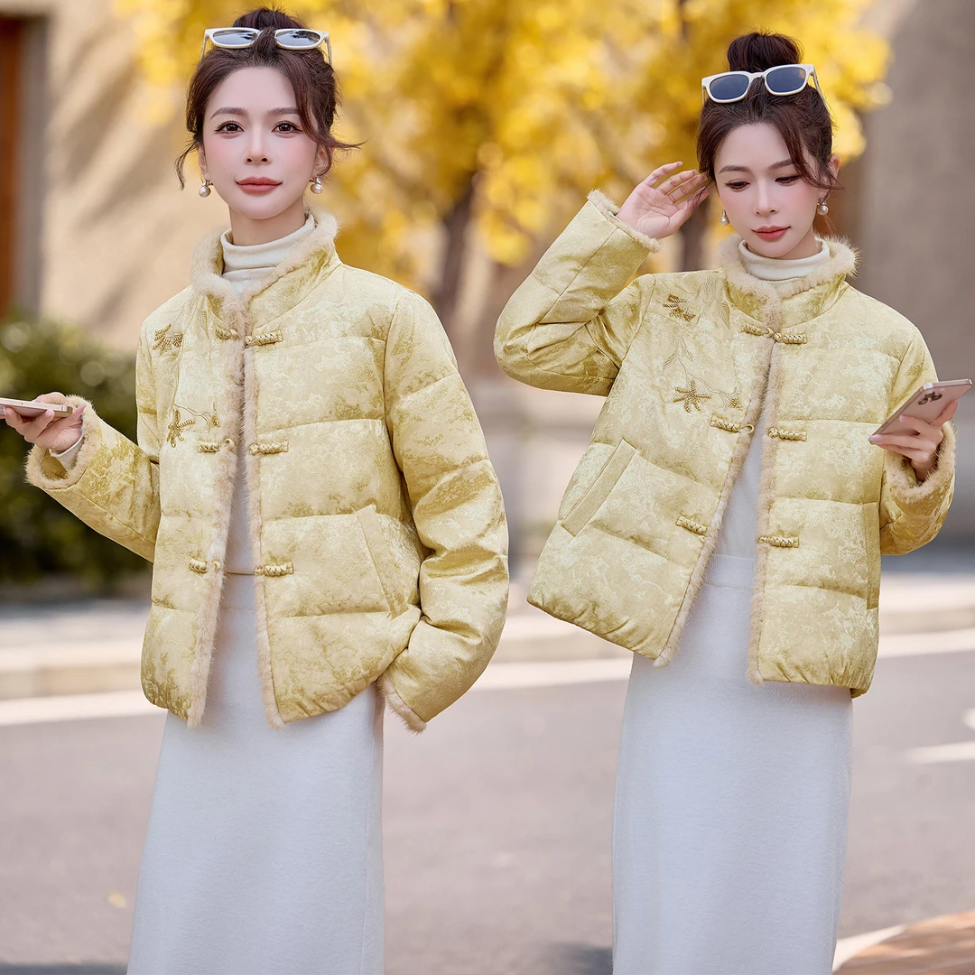 新中式白鹅绒羽绒服女2025冬季保暖高级感狐狸毛袖口外套HR259