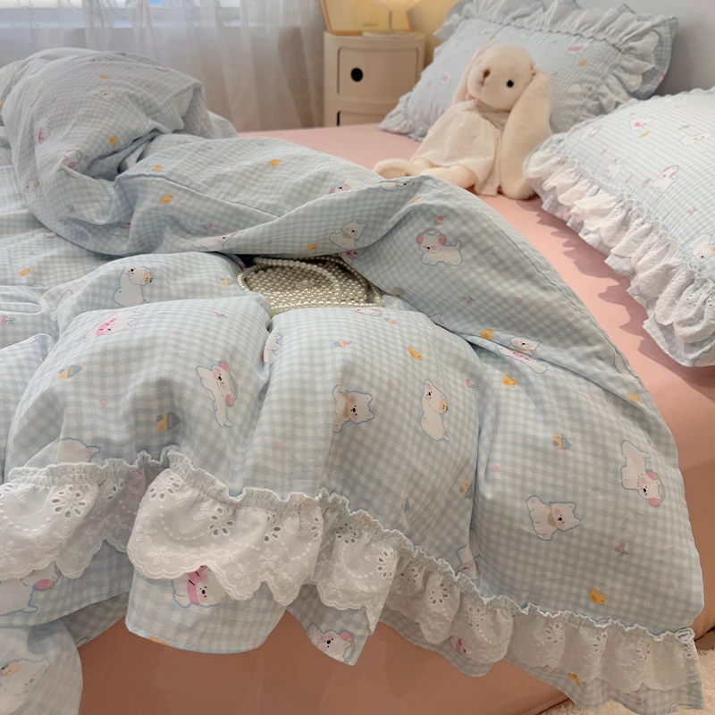 A类母婴级全棉双层纱床上四件套法式双层花边纯棉被套床单三件套