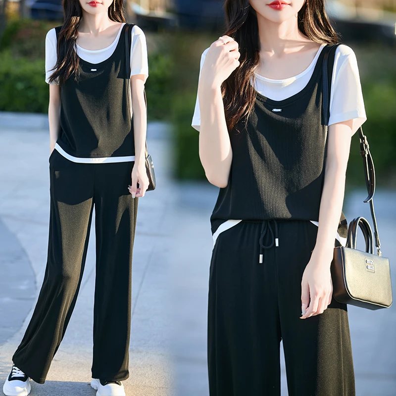 现货 假两件撞色圆领短袖2025夏季新款百搭时尚显瘦套装女