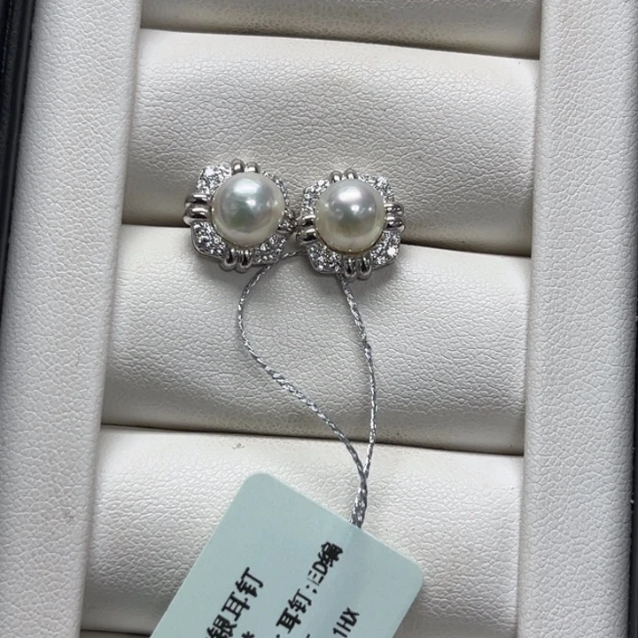 银S925镶嵌海水珍珠耳饰AK7-8mm27号