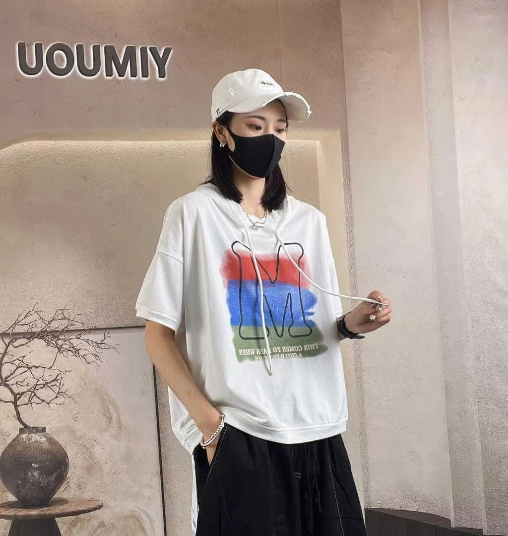 连帽时尚宽松型短袖印花情侣夏季潮流T恤